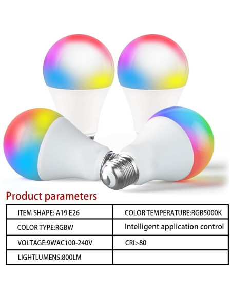 Bombillas LED Inteligentes A19 E26 9W RGB con Control BT - Paquete de 4 Bombillas LED Inteligentes A19 E26 9W RGB con Control BT - Paquete de 4