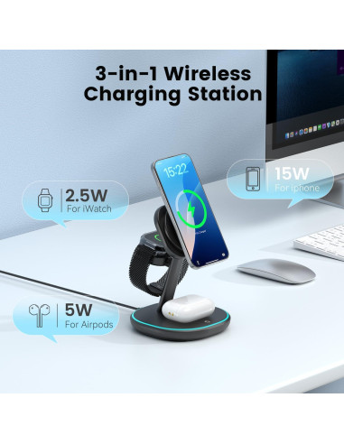 Estación de Carga Inalámbrica 3-en-1 15W para iPhone y Apple