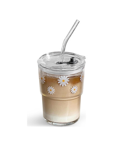 Vaso de vidrio reutilizable Olvini 385ml con tapa y popote