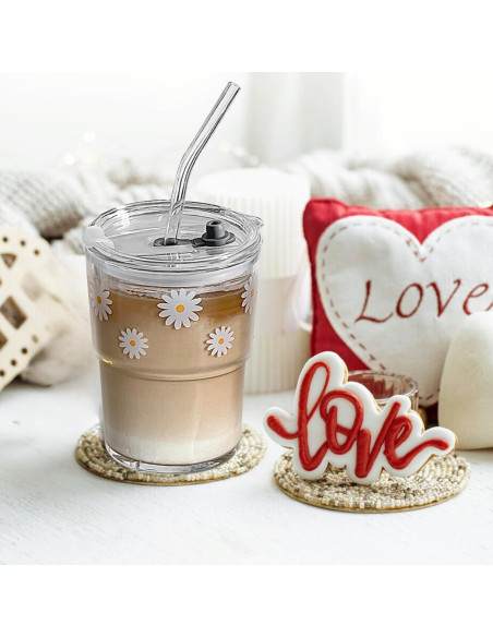 Vaso de vidrio reutilizable Olvini 385ml con tapa y popote Vaso de vidrio reutilizable Olvini 385ml con tapa y popote
