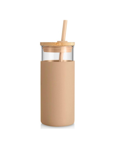 Vaso de Vidrio 20 oz Tronco con Tapa y Popote - Libre BPA