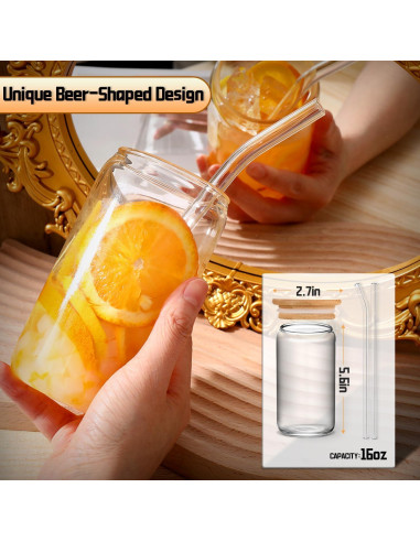 Juego de Tazas de Vidrio DWTS DANWEITESI 4 pcs 16 oz con Tapas y Pajitas
