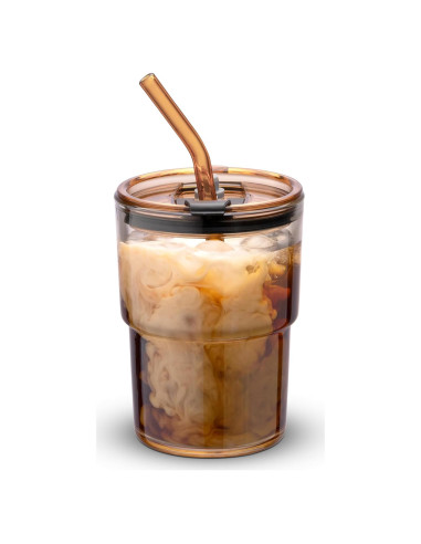 Vaso de Vidrio Aislado 400ml BLUEPOLAR con Tapa y Popote Ámbar