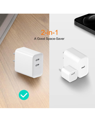 Paquete de 2 Cargadores Rápidos USB C 20W Doble Puerto Blanco