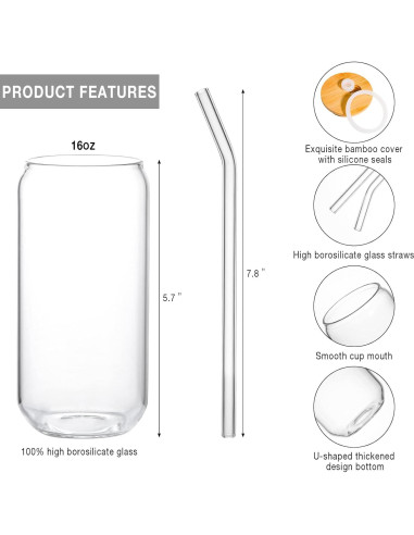 Vaso de Vidrio 16oz Kxuhivc con Tapa de Bambú y Popote