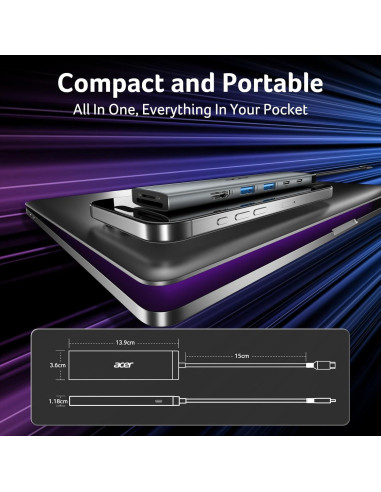 Hub USB C 8 en 1 Acer ODK520 HDMI 4K 100W PD 10Gbps