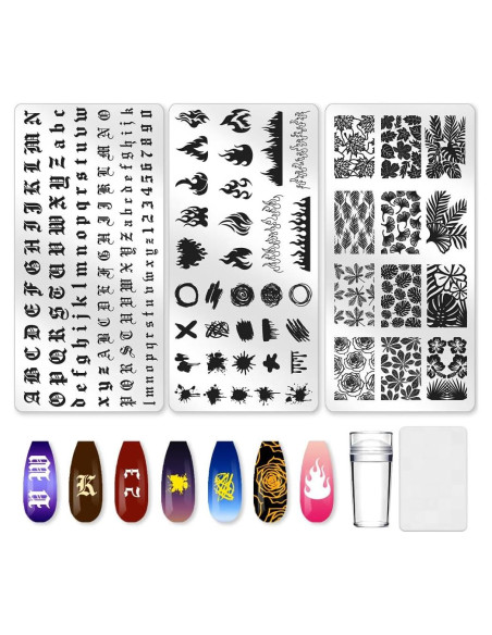 Plantillas de estampado de uñas Beinkmake 3 piezas con letras y flores Plantillas de estampado de uñas Beinkmake 3 piezas con letras y flores