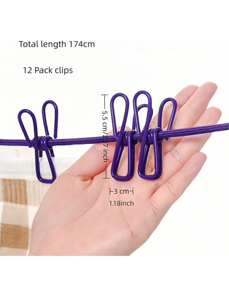 Cuerda de Ropa Portátil FANBODTA 3.66m con 12 Clips Morado Cuerda de Ropa Portátil FANBODTA 3.66m con 12 Clips Morado