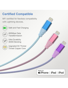 Cargador Rápido Lightning Cuanyeon 1.83m 3 Unidades MFi 2