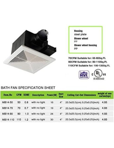 Ventilador Extractor de Baño meite MB14-50, 50 CFM, Silencioso