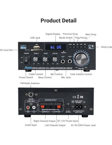 Receptor Estéreo Bluetooth NEOHIPO AK-45 40W+40W con Micrófono