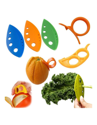 Set de Cocina Brillante: 3 Deshojadores de Hierbas + 2 Peladores
