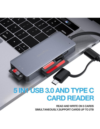 Lector de Tarjetas 5en1 ZIYUETEK USB-C y USB-A Aluminio