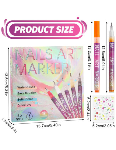 Set de 12 Marcadores de Uñas Miikoul 0.5mm Multicolor con Pegatinas
