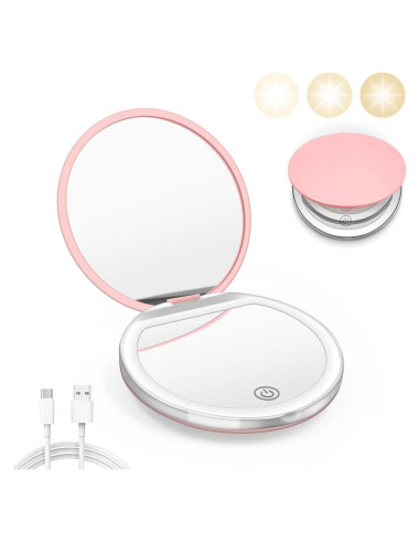 Espejo Compacto Kakuje con Luz LED 1X/3X Rosa para Maquillaje