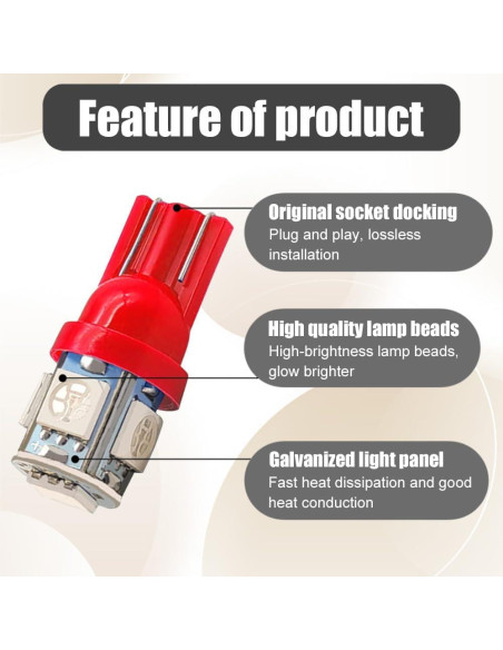 Bombillas LED Kutyun 194 Rojas 12V DC Paquete de 10 Bombillas LED Kutyun 194 Rojas 12V DC Paquete de 10
