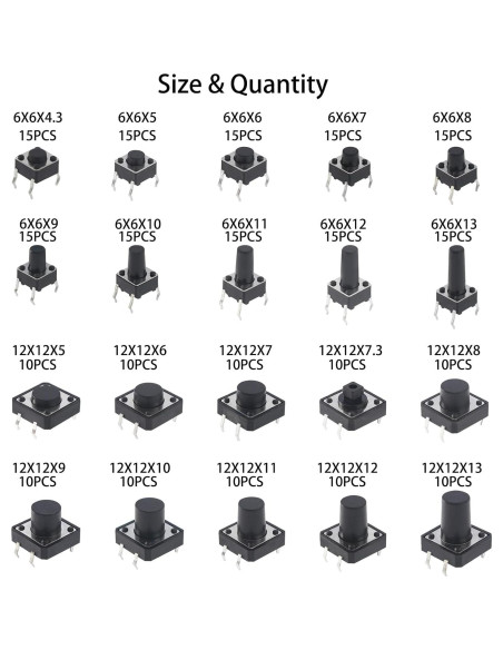 Kit de 250 Interruptores Táctiles 12V Yetaida 6x6mm y 12x12mm Kit de 250 Interruptores Táctiles 12V Yetaida 6x6mm y 12x12mm