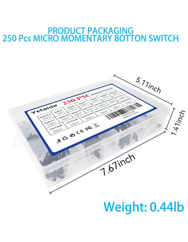 Kit de 250 Interruptores Táctiles 12V Yetaida 6x6mm y 12x12mm