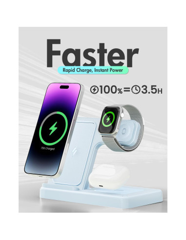 Estación de Carga Inalámbrica 3 en 1 GETPALS Azul para iPhone, Reloj y AirPods
