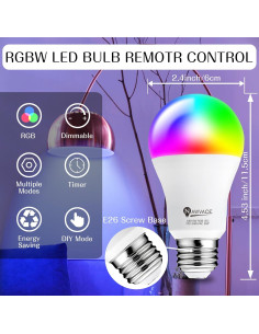 Bombilla LED RGB Regulable 8W E26 A19 con Control Remoto 2