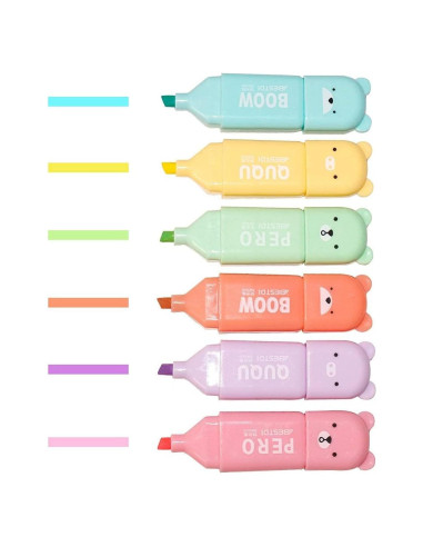 Resaltadores Mini Oso Leery - 6 Colores Pastel Punta Biselada