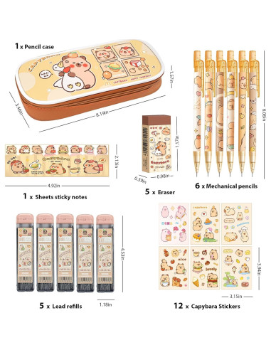 Conjunto de Papelería Kawaii Daphilly Capibara - 6 Lápices Mecánicos, Stickers, Borradores