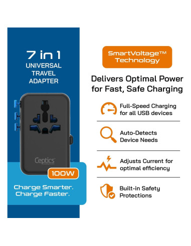 Adaptador de Viaje Universal Ceptics 100W con Cable USB-C Retráctil