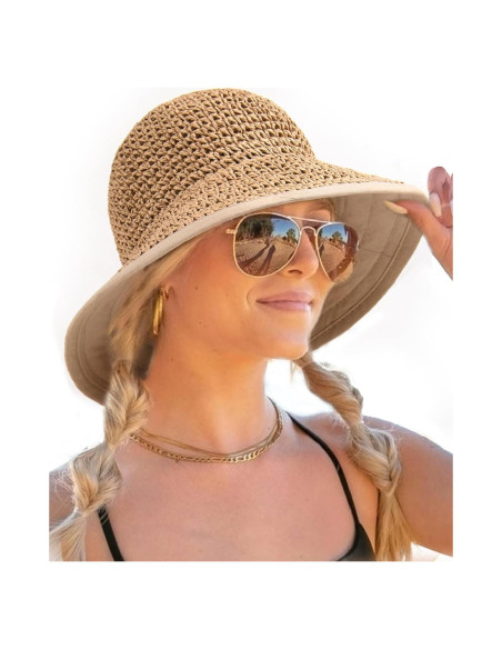 Sombrero de Playa de Paja FURTALK para Mujeres UPF 50 Caqui Sombrero de Playa de Paja FURTALK para Mujeres UPF 50 Caqui