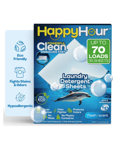 Hoja de Detergente para Ropa Happy Hour - 70 Lavados, Ecológico, Hipoalergénico