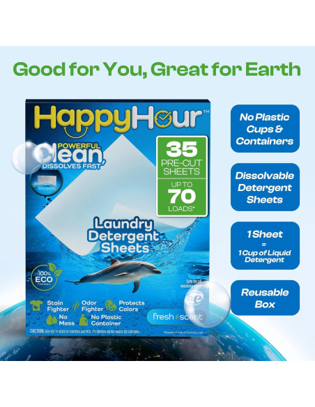 Hoja de Detergente para Ropa Happy Hour - 70 Lavados, Ecológico, Hipoalergénico Hoja de Detergente para Ropa Happy Hour - 70 Lavados, Ecológico, Hipoalergénico