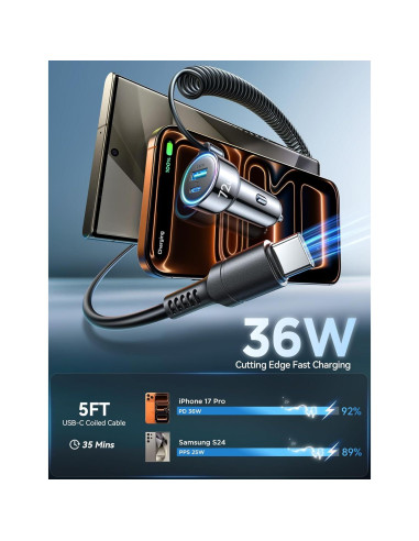 Cargador de coche FLYLEAD 72W USB C con cable 36W para iPhone 17/16