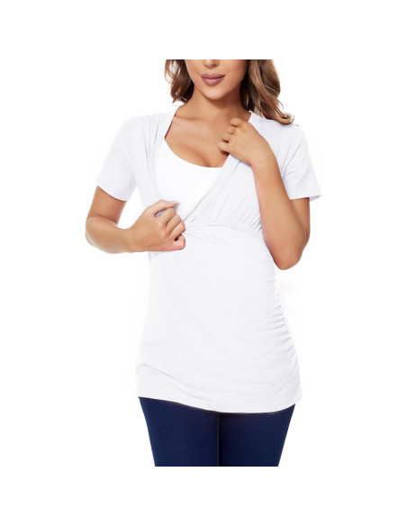 Camiseta de Lactancia Liu & Qu para Mujeres Embarazadas - Manga Corta, V Cuello, Blanca Camiseta de Lactancia Liu & Qu para Mujeres Embarazadas - Manga Corta, V Cuello, Blanca