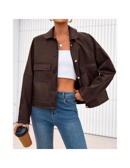 Chaqueta de Cuero Sintético BTFBM Mujeres Oversized Café Oscuro Chaqueta de Cuero Sintético BTFBM Mujeres Oversized Café Oscuro