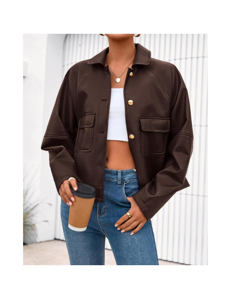 Chaqueta de Cuero Sintético BTFBM Mujeres Oversized Café Oscuro Chaqueta de Cuero Sintético BTFBM Mujeres Oversized Café Oscuro