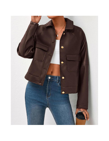 Chaqueta de Cuero Sintético BTFBM Mujeres Oversized Café Oscuro