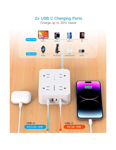 Regleta de Protección HANYCONY 8 Salidas 4 USB C 1.52m