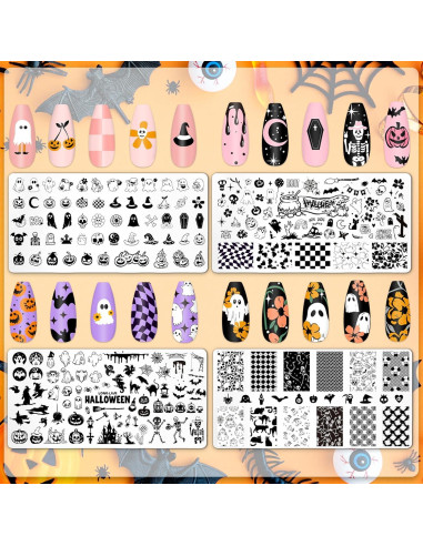 Placas de Uñas Halloween Whaline 4 Pcs Estampado Fantasmas