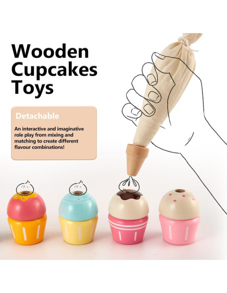 Juego de Cocina HERSITY Cupcakes de Madera para Niños 3-5 Años Juego de Cocina HERSITY Cupcakes de Madera para Niños 3-5 Años