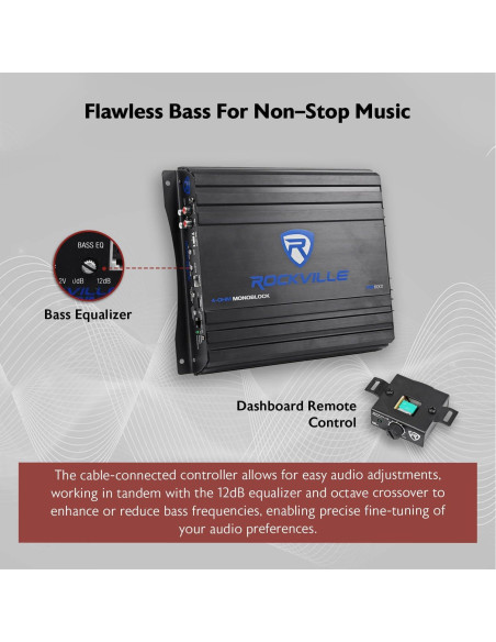 Amplificador de coche Rockville RVA600.1 1200W pico 200W RMS Amplificador de coche Rockville RVA600.1 1200W pico 200W RMS