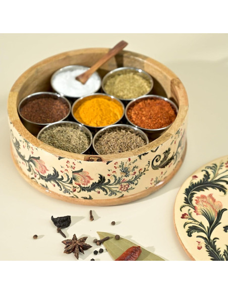 Caja de Masala Ikat Bloom de Madera con 7 Contenedores Caja de Masala Ikat Bloom de Madera con 7 Contenedores