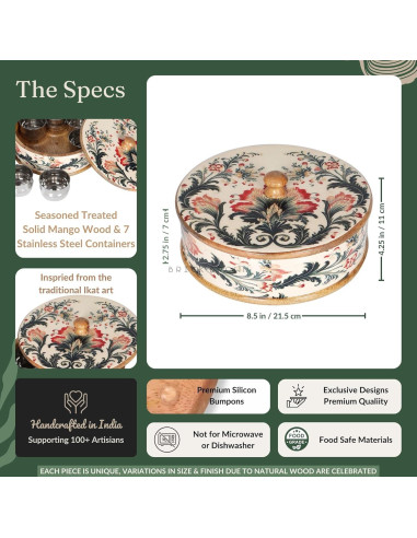 Caja de Masala Ikat Bloom de Madera con 7 Contenedores
