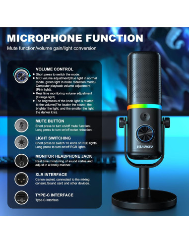 Micrófono Aokeo AK-10 USB/XLR Dinámico para PC con RGB