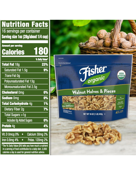 Nueces Orgánicas Sin Sal Fisher 453.6 g - Mitades y Piezas Nueces Orgánicas Sin Sal Fisher 453.6 g - Mitades y Piezas