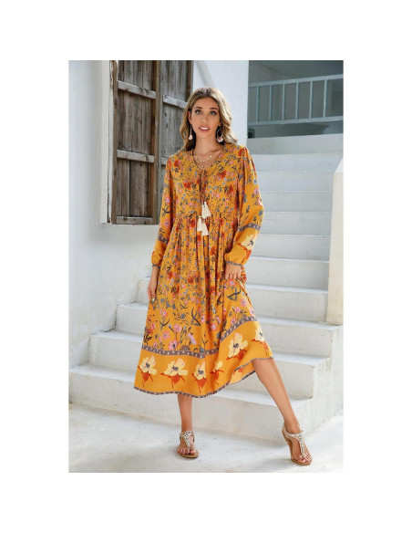 Vestido Midi Bohemio R.Vivimos Mostaza X-Large Floral Vestido Midi Bohemio R.Vivimos Mostaza X-Large Floral