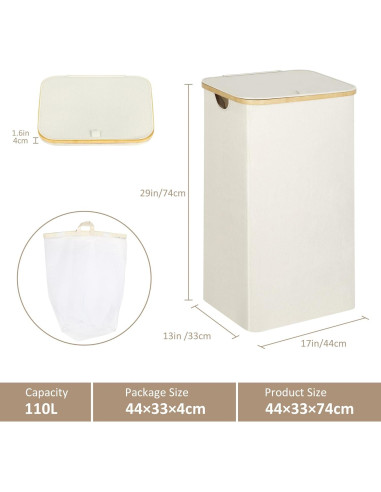Cesta de Ropa Plegable iEGrow 110L Beige con Tapa y Asa