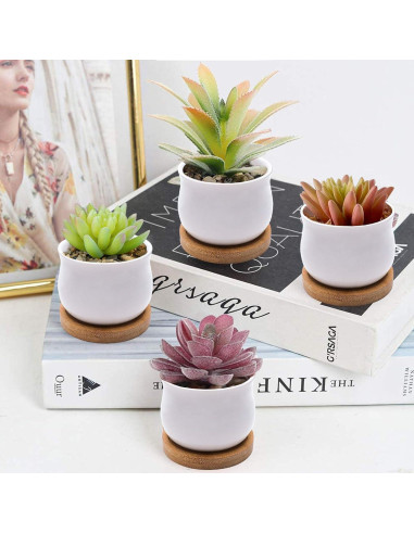 Maceta de Cerámica Blanca con Bandeja de Bambú - 8 Piezas 6.4 cm
