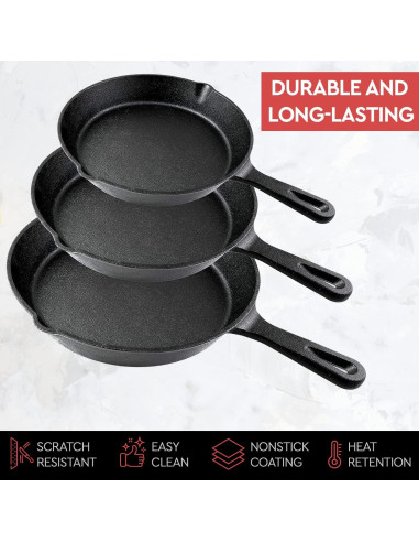 Juego de Sartenes de Hierro Fundido Simple Chef 3 Piezas 15-25 cm