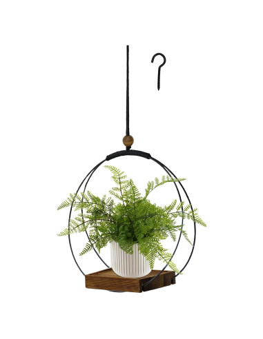 Maceta Colgante Hismocal Negra con Base de Madera 30 cm