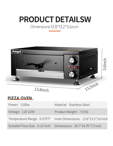 Horno de Pizza Eléctrico Awgpd 10.89 kg Acero Inoxidable Negro