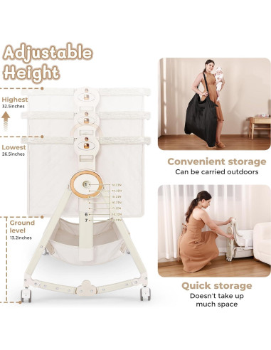 Cuna Lateral 5 en 1 FYYWBABY Beige con Colchón y Red Antimosquitos